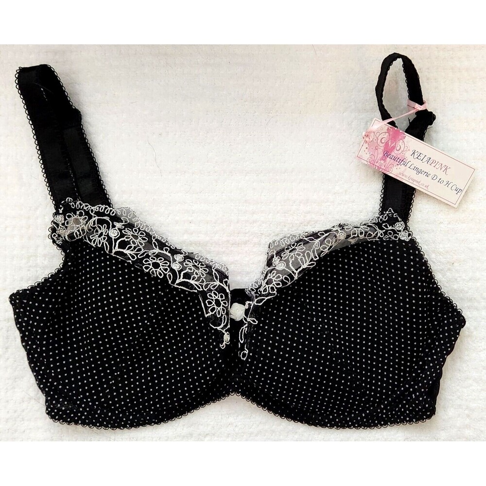 KEIA Pink Women's Bra 36F Underwire Black White Polka Dots Floral Lace NEW